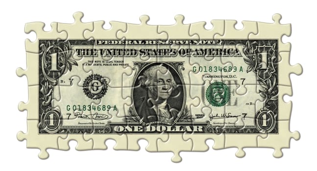 Photo Illustration of a U.S. one dollar bill retouched and re-illustrated as a puzzle.