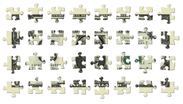 Photo Illustration of a U.S. dollar bill retouched and re-illustrated as a 32 separate puzzle pieces isolated with a clipping path.