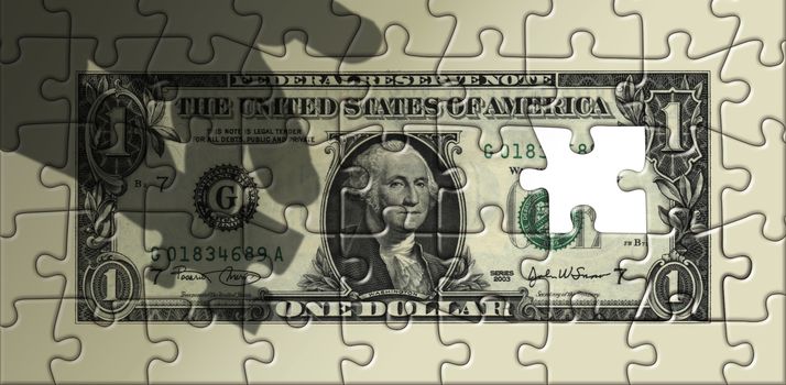 Photo illustration of a dollar as a puzzle with a missing piece.