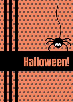 Happy Halloween greeting card with hanging on dash line web spider insect. Cute cartoon character. Flat design Orange polka dot background.