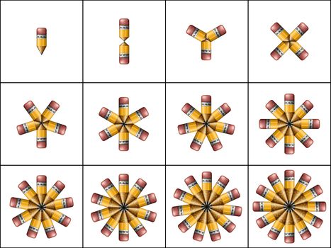 Counters. Illustration of pencils arranged in patterns containing 1 through 12 pencils each.