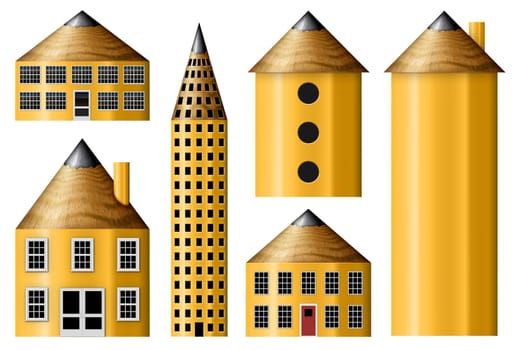 Illustration of houses and buildings made out of pencils.