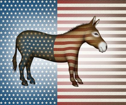 Digital illustration of a donkey overlayed with stars and stripes — side view.