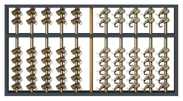An abacus with elephant and donkey heads to count Republican and Democrat votes.