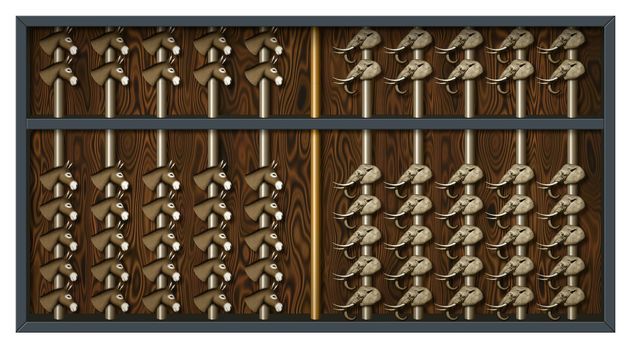 An abacus with elephant and donkey heads to count Republican and Democrat votes.