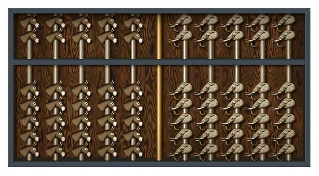 An abacus with elephant and donkey heads to count Republican and Democrat votes.