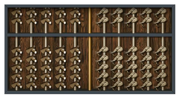 An abacus with elephant and donkey heads to count Republican and Democrat votes.