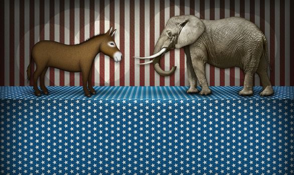 Donkey and elephant face off on a patriotic stage, representing the democrat and republican parties. White blocked space below for text to be added.