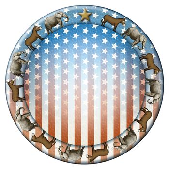 Election stars and stripes button with elephants and donkeys representing the Democratic and Republican parties.