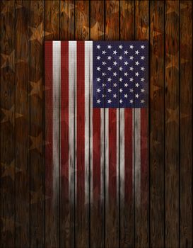 Digital illustration of a United States flag design painted on a wall made of wood planks.
