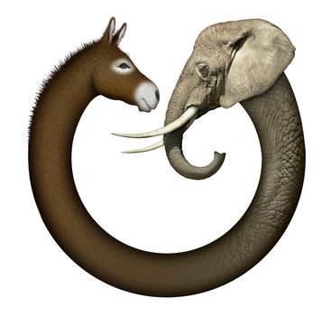 Digital and photo illustration of a donkey and elephant, representing democrats and republicans confronting each other.