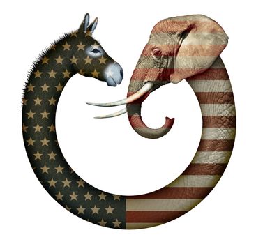 Digital and photo illustration of a donkey and elephant, representing democrats and republicans confronting each other.