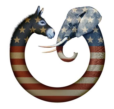 Digital and photo illustration of a donkey and elephant, representing democrats and republicans confronting each other.