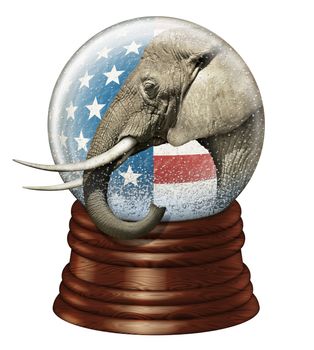 Digital illustration of a snow globe containing stars and stripes and an elephant to represent the Republican party.