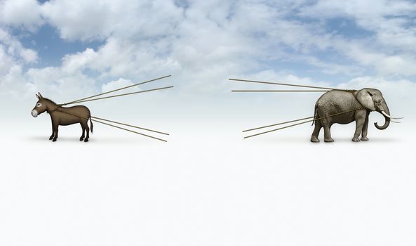 Digital and photo illustration of a donkey and elephant in a tug of war. A Blank area is ready for whatever image you want to add.