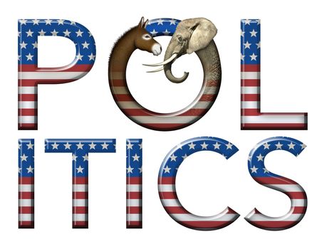 Digital and photo illustration of the word Politics with stars and stripes as well as a donkey and elephant head to represent democrats and republicans.