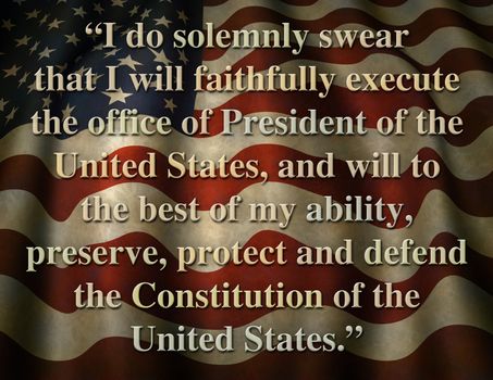 The inaugural oath taken by the president of the United States, set as text against a flag background.

