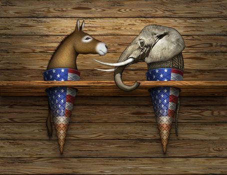Digital and photo illustration of a donkey and elephant as two flavors of ice cream in cones, representing democrats and republicans.