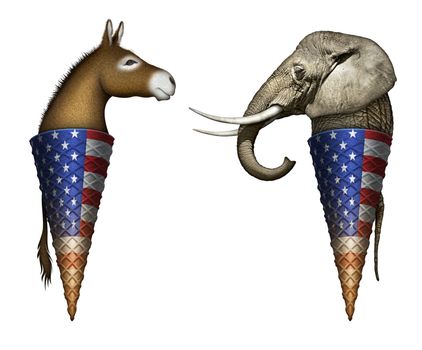 Digital and photo illustration of a donkey and elephant as two flavors of ice cream in cones, representing democrats and republicans.
