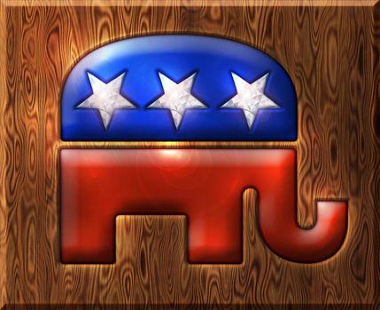 3D Republican elephant symbol inlaid with diamond stars and embedded in a wooden base.