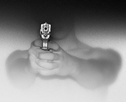Photo illustration of a man holding and aiming a gun.