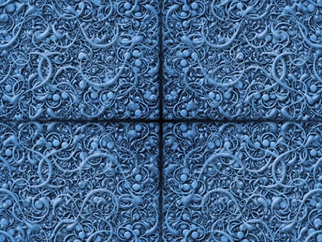 Digitally created pattern of intricate scrolling shapes.