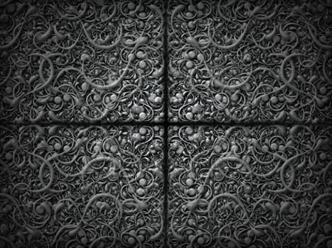 Digitally created pattern of intricate scrolling shapes.