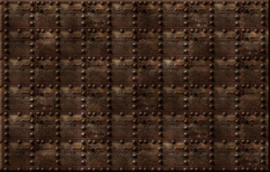 Photo illustration of a rusty metal riveted wall.