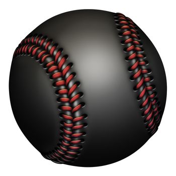 Illustration of a black baseball with red laces.          