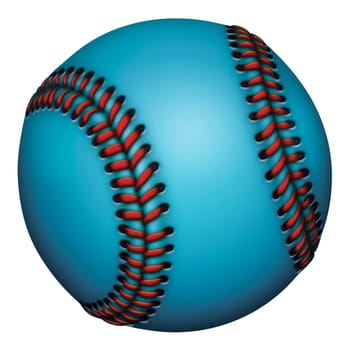 Illustration of a blue baseball with red stitches.          