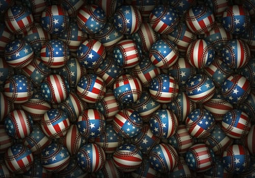 Illustration of an assortment of patriotic baseballs.