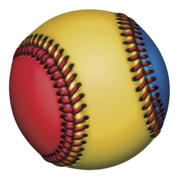 Illustration of a red, yellow, and blue baseball.          