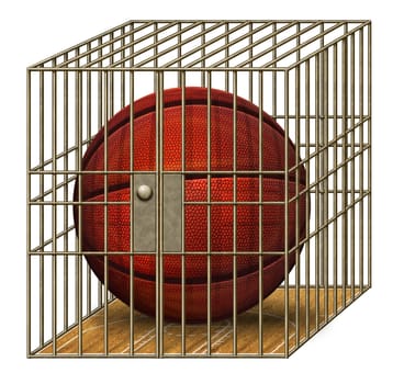 Digital illustration of a basketball in a jail cell.