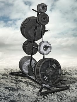 Weightlifting weights of various sizes hung on a stand on sandy ground against a cloudy sky.        