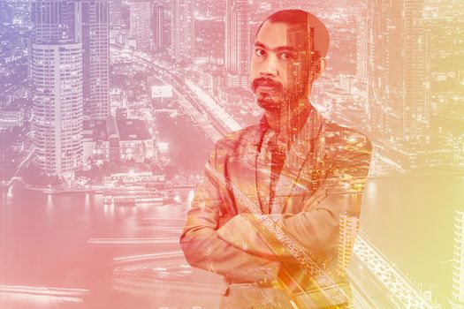 Double exposure of asian business man with Bangkok city from high view
