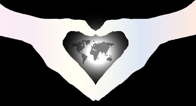 hand heart silhouette and worldmap background beautiful banner wallpaper design illustration 
