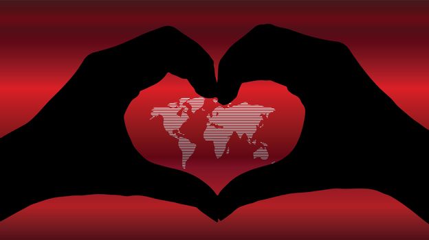 hand heart silhouette and worldmap background beautiful banner wallpaper design illustration 
