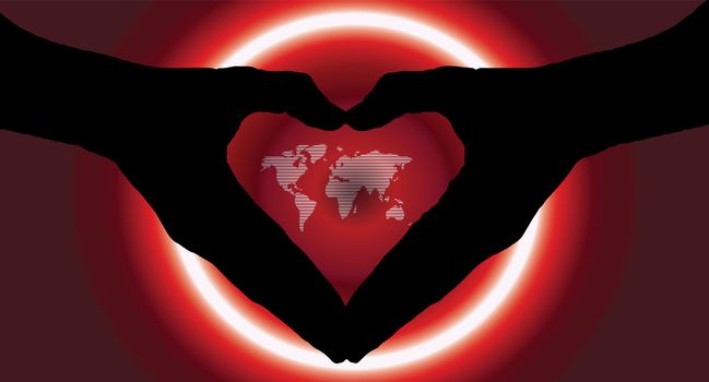 hand heart silhouette and worldmap background beautiful banner wallpaper design illustration 

