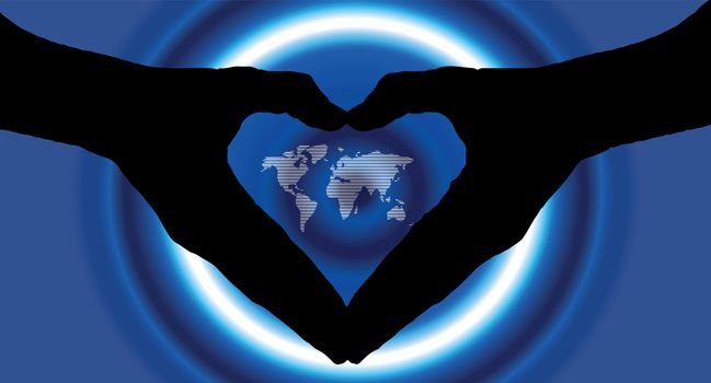hand heart silhouette and worldmap background beautiful banner wallpaper design illustration 
