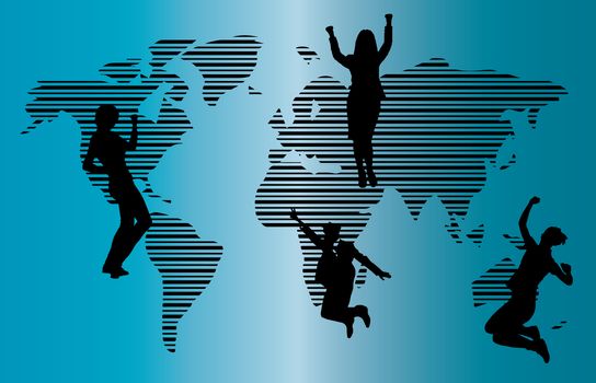 silhouette success and world map background beautiful banner wallpaper design illustration 
