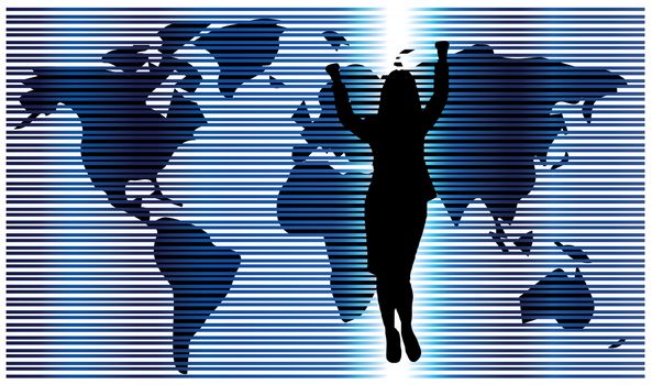 silhouette success and world map background beautiful banner wallpaper design illustration 
