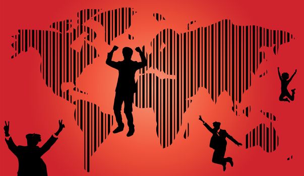 silhouette success and world map background beautiful banner wallpaper design illustration 
