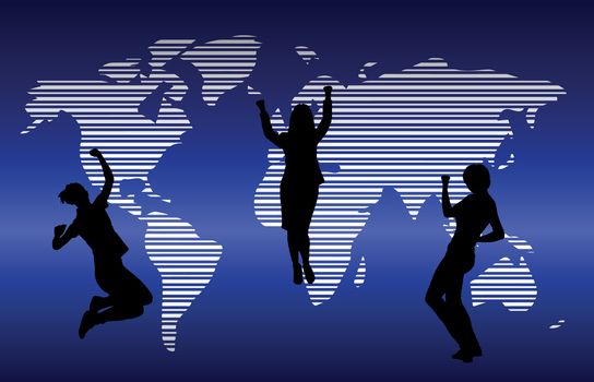 silhouette success and world map background beautiful banner wallpaper design illustration 
