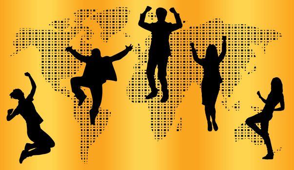 silhouette success and world map background beautiful banner wallpaper design illustration 
