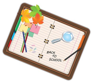 Image of notebook, pocketbook, diary with sign back to school and school supplies, equipment, accessories, items, tools. Cartoon illustration isolated on white background.