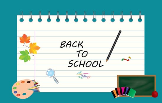 Image of note, card, paper, with sign back to school and school supplies, equipment, accessories, items, tools. Cartoon illustration on blue background.