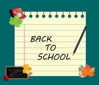 Image of note, card, paper, with sign back to school and school supplies, equipment, accessories, items, tools. Cartoon illustration on blue background.