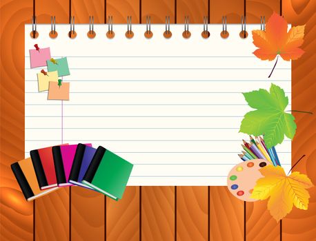 Image of empty note, card, paper, with school supplies, equipment, accessories, items, tools. Cartoon illustration on wooden background.