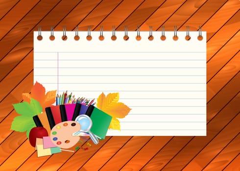Image of empty note, card, paper, with school supplies, equipment, accessories, items, tools. Cartoon illustration on wooden background.