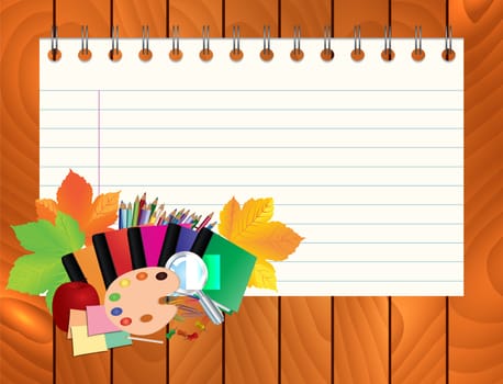 Image of empty note, card, paper, with school supplies, equipment, accessories, items, tools. Cartoon illustration on wooden background.